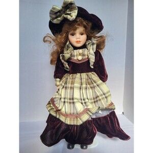 Vintage 15" Porcelain Face Doll Checkered Plaid Dress Red Hair Dress and Hat